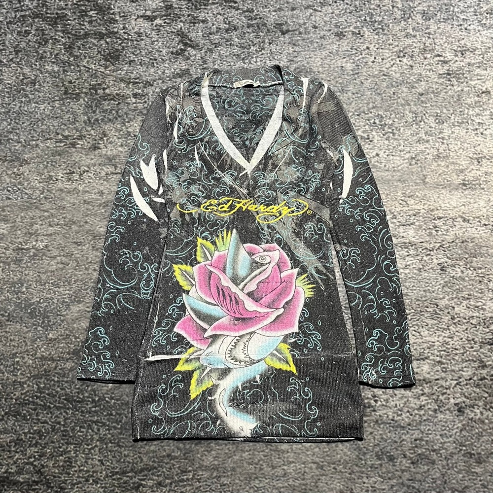 Ed Hardy Tunic Top V-Neck Long Sleeve Womens Small Shark Rose Tattoo Vintage Y2K